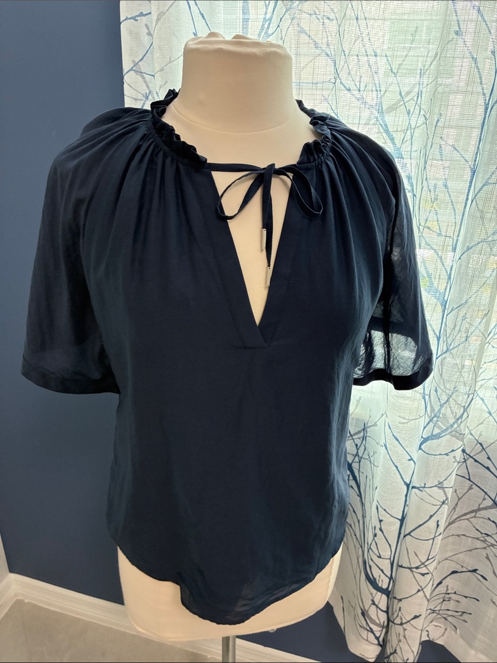 Simkhai Navy Tie-Neck Short Sleeve Blouse